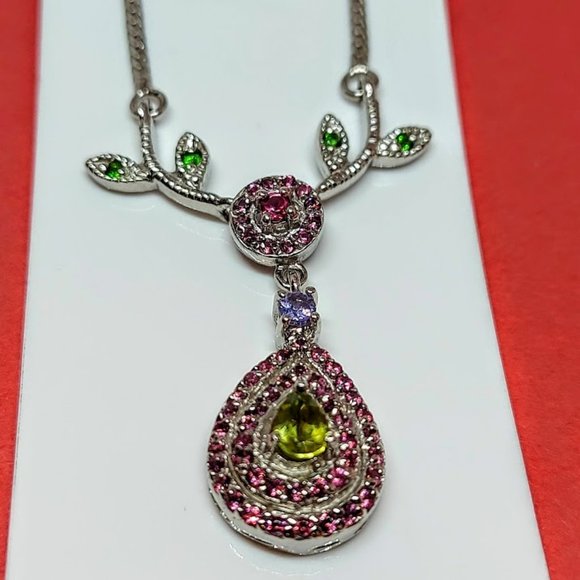 Natural Peridot & Rhodolite Garnet Gems 925‎ Sterling Silver Necklace - Picture 5 of 6